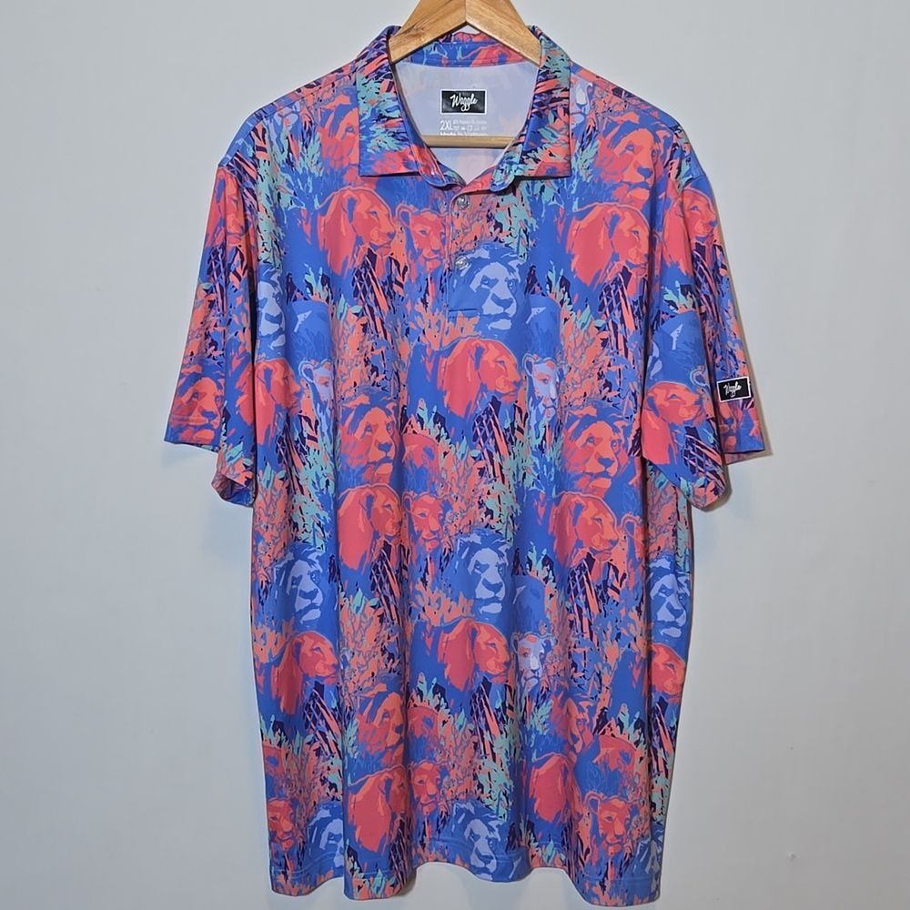 Waggle Men's Clubhouse King Golf Polo Shirt 2XL Lion Tropical Print Short Sleeve